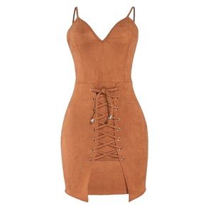 Women's Size Medium Club Dress Sexy Bodycon Tan Burnt Orange Suede by Geccinice
